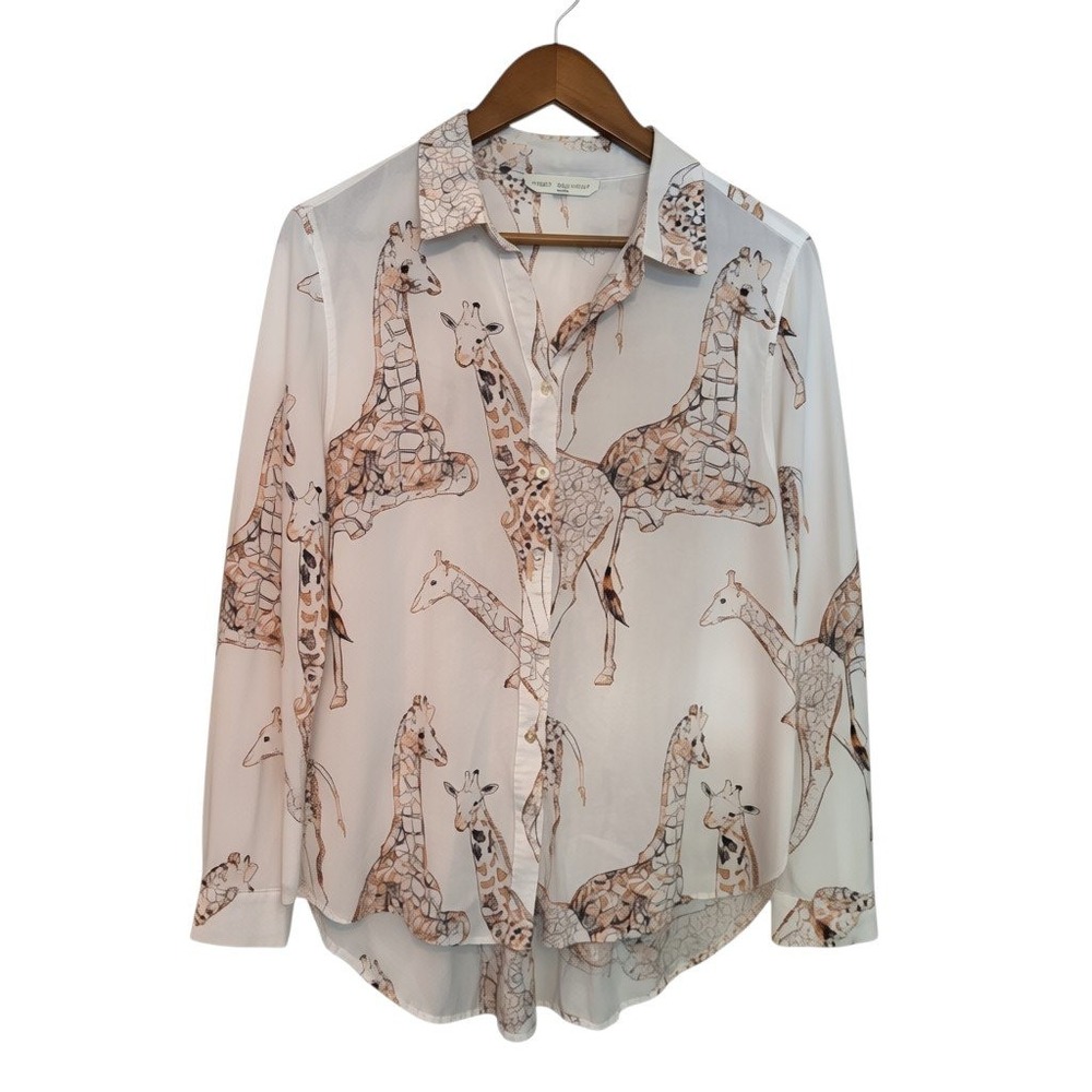 Jane Delancey Giraffe Print Button Down Blouse White Tan XL Long Sleeve Top